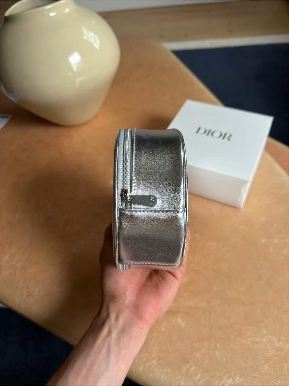 Dior Beauty Silver Round Embossed CD Makeup Case